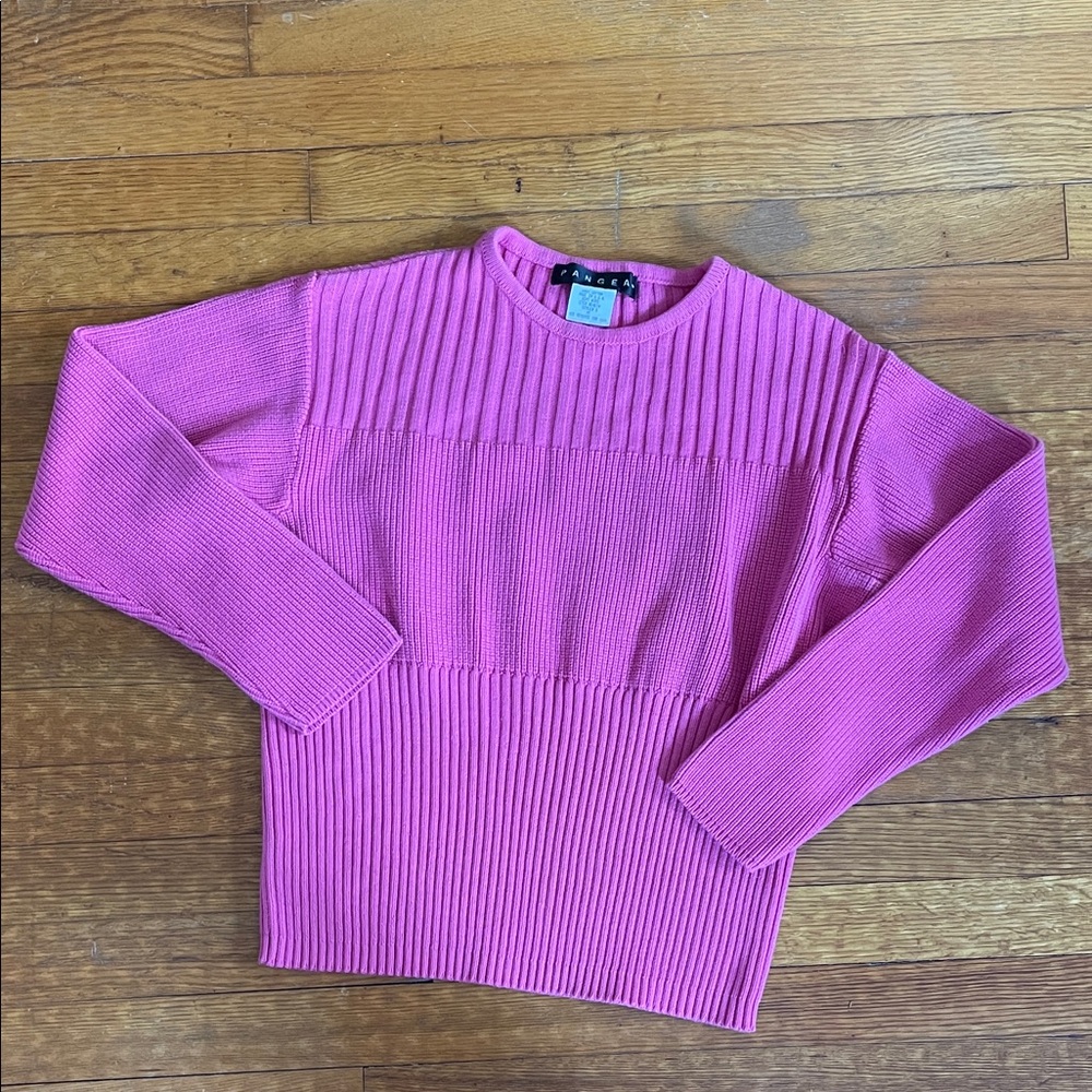 Vintage 80s 90s Fuchsia Hot Pink Ribbed Cotton Sweater Long Sleeve Small Medium